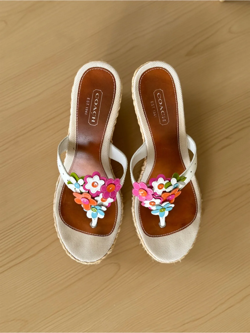 Rare Vintage Coach Wedges Floral Leather Appliqué Jesica Thong Platform Sandals